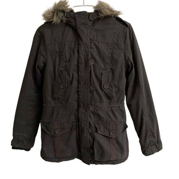 Aeropostale Y2K Utility Jacket Womens S Faux Fur Lined Hood Military Bomber Gray - Picture 2 of 13